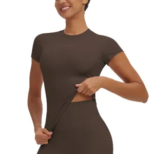 Women's quick-drying short sleeve yoga t-shirt fitness running slim fit sports top brown