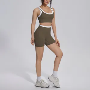 Ensemble de yoga soutien-gorge de sport et short taille haute color-block pour fitness gym.