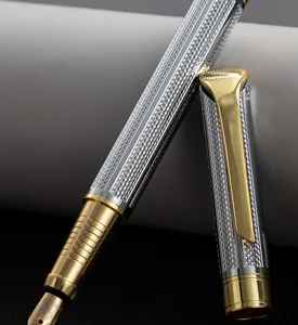 Gedetailleerd overzicht van de luxe metalen vulpen met zilveren textuur en gouden clip.