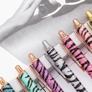 Colorful glitter zebra print metal ballpoint pens, elegant click pens for office and school.