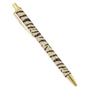 Retractable metal ballpoint pen with gold glitter zebra pattern and gold trim for office.