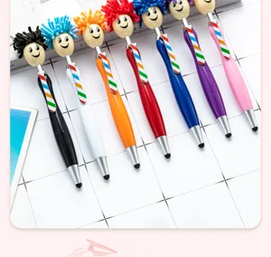 Cute plush doll head plastic ballpoint pen with touch screen function, colorful creative gift pen.