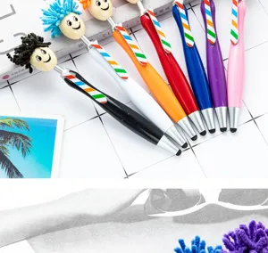 Cute plush doll head ballpoint pen with colorful clip and touch screen function, creative gift.
