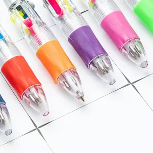 Mehrfarbiger Druckkugelschreiber mit klarem Plastikschaft und buntem Griff für Schüler.