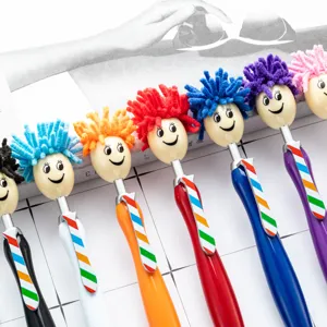 Colorful plush doll head ballpoint pen with cute mop hair, creative multicolor gift pen for kids.