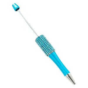 DIY beadable ballpoint pen with sparkling blue rhinestones and metal rod for custom beads