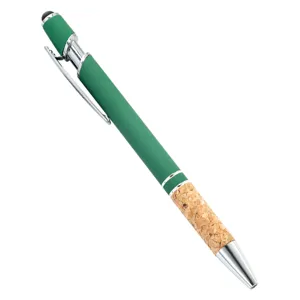 Grüner Metallkugelschreiber mit Korkgriff und Eingabestift für Touchscreens und Schreiben.