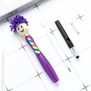 Cute plush doll head ballpoint pen with stylus tip, purple design, multi-functional gift pen.