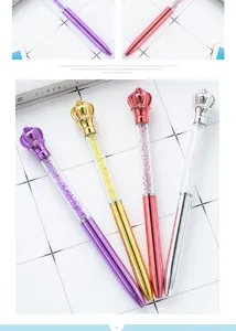 Crystal crown ballpoint pen with sparkling stones, multi-color rotating metal design.