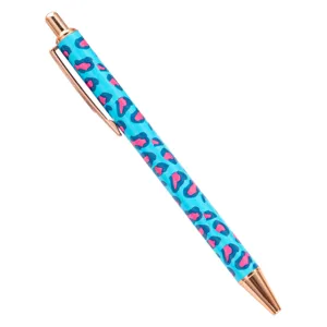 Cute leopard print ballpoint pen with metallic rose gold accents for office and school use.