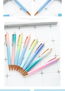 Gradient glitter ballpoint pen with rose gold trim, stylish metal retractable pen for office.