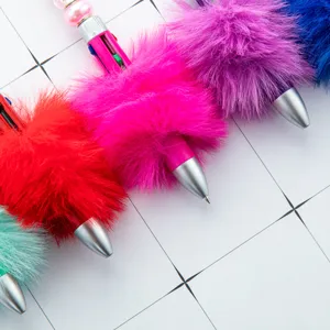 Cute fluffy pom pom ballpoint pen multi color cute journal pen for student DIY writing