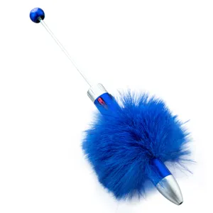 Blue fluffy pom-pom 4-color ballpoint pen with cute decorative design for students main view