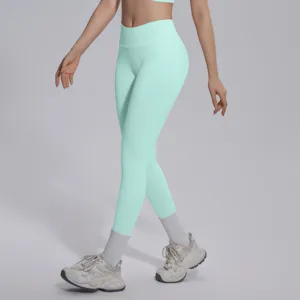Mint green seamless high V-waist yoga pants for women, breathable fitness athletic leggings.