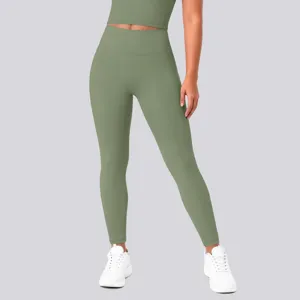 High waist yoga pants set detail, olive green athletic crop top, stretchy fitness activewear.