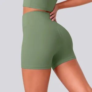 High-waisted olive green yoga shorts detail, premium stretchy breathable fabric, butt lift gym wear.