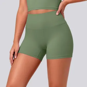 High-waisted yoga shorts detail view, featuring stretchy, breathable fabric and comfortable fit.