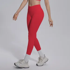 Seamless high waist yoga pants, bright red solid color fitness running stretch workout leggings.