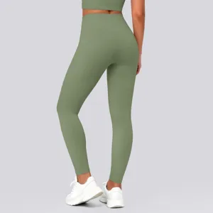 Detail view of high waist solid color yoga pants in olive green, back view showing hip lift fit.