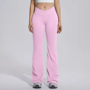Women pink crossover waist flare yoga pants high elasticity tummy control fitness leggings