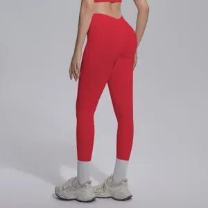 Detailed view of seamless knit solid color V-waist tight butt lift yoga pants back.