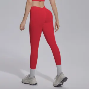 Back view detail of red seamless V-waist yoga pants, comfortable fit for fitness workout.