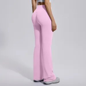 Women seamless high waist flared yoga pants pink stretch fitness running workout active trousers