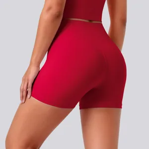 High waist red yoga shorts for women, stretchy and breathable fitness athletic activewear.