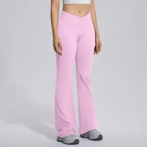 Pink crossover high waist flare yoga pants for women fitness gym running workout activewear