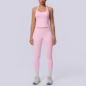 Tuta Yoga Senza Cuciture con Scollo all'Americana e Schiena Scoperta Donna Vita Alta Reggiseno Sportivo e Leggings Sopra e Sotto Fitness Nylon Spandex