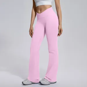 Women's High Waist Crossover Flare Yoga Pants Pink Fitness Running Activewear Leggings