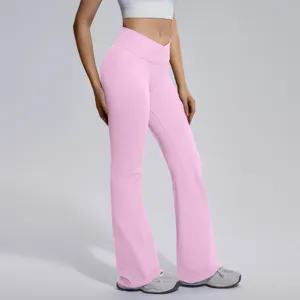 Seamless crossover high waist flare yoga pants for women, tummy control fitness activewear.