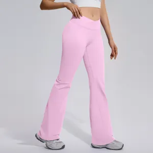 Women high waist crossover flared yoga pants pink fitness gym running stretch sports trousers