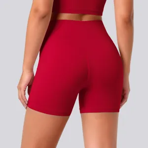 Back detail of high waist red yoga shorts, seamless stretchy breathable athletic activewear.
