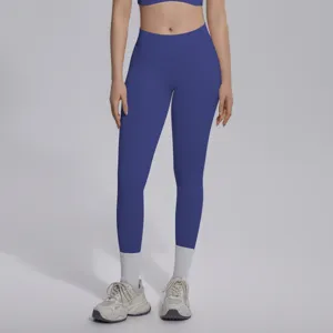 Detailed view of seamless high-waist blue yoga pants with comfortable stretch fabric.