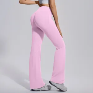 High-waist pink flare yoga pants, seamless tummy control fitness leggings for women activewear.