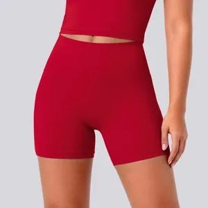 High waist seamless yoga shorts activewear gym workout fitness athletic apparel red detail