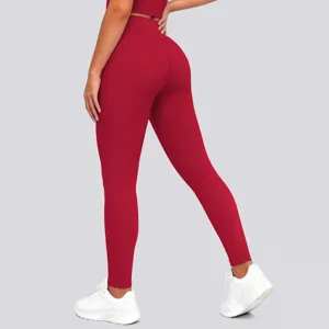High-waist butt-lifting solid red yoga pants for fitness, running, and sports workout.