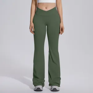 Women crossover high waist flare yoga pants fitness workout gym running trousers green