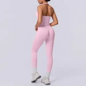 Completo yoga halter rosa senza cuciture donna schiena scoperta fitness due pezzi.