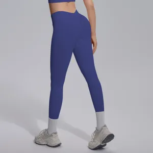 Detail view of seamless V-waist yoga leggings, showing stretchy breathable fabric and fit.
