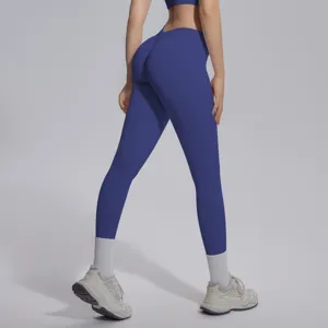 Seamless knit solid color V-waist tight breathable butt lift yoga pants for gym running.
