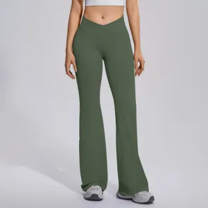 Women's crossover high waist flared yoga pants, seamless stretch fitness workout leggings.