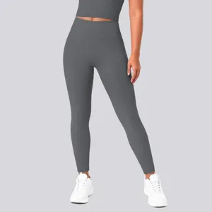 High-waisted butt-lifting tight yoga pants set in solid dark grey for fitness and running.