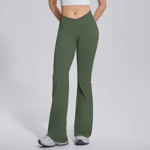 Women's dark green crossover high waist flare yoga pants seamless athletic fitness trousers