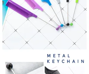 Multicolor plastic pintail comb with steel pin and bead end for hair styling salon and home use.