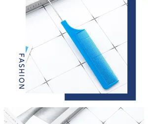 Blue plastic tail comb with steel pin for professional hair styling, salon and home use.