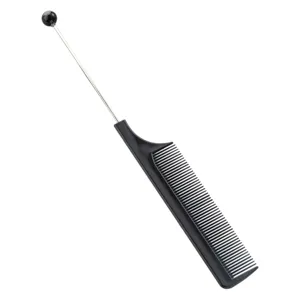 Black plastic pintail comb with metal pin tail and bead tip for salon hairstyling and parting.