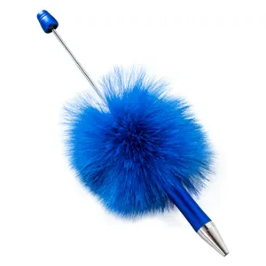 DIY Perlen Kugelschreiber mit flauschigem blauem Bommel, kreatives Bastel Schreibwaren