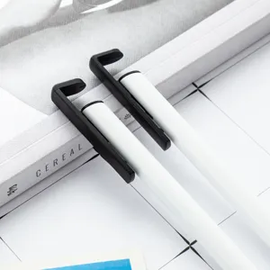 Sublimation metal aluminum ballpoint pen with phone holder clip, white and black design.
